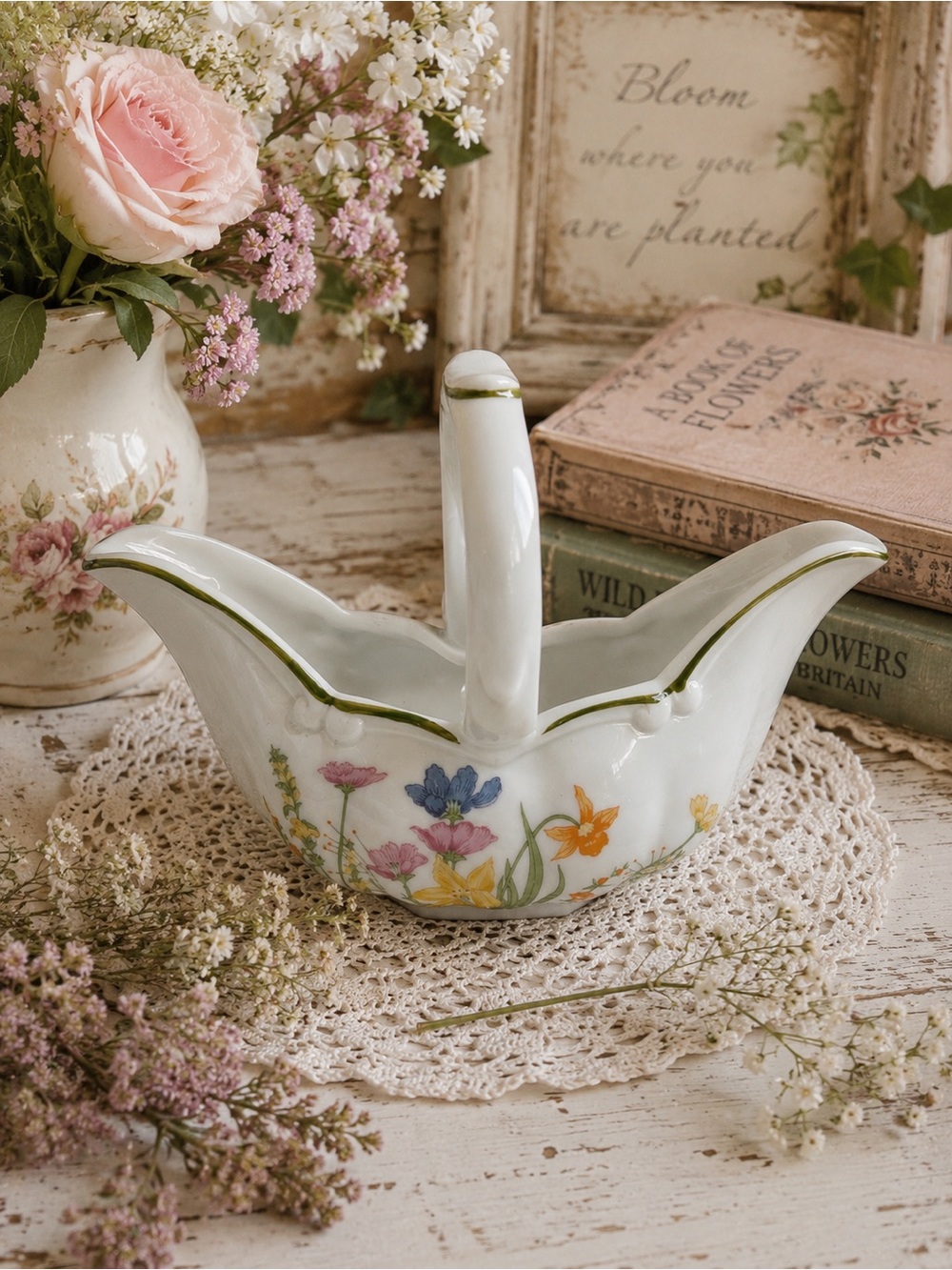 Vintage MANN Day Lily Fine China Basket Japan Floral Trinket Basket Cottagecore